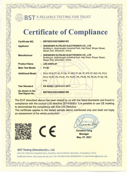 چین Shenzhen EliteLED Electronics Co.,Ltd گواهینامه ها