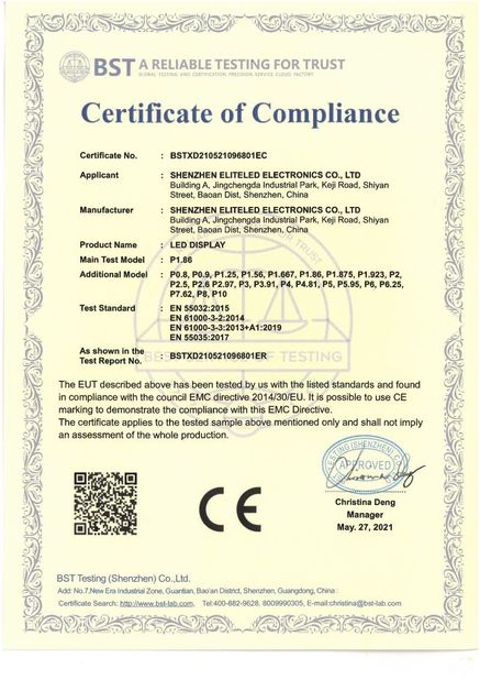چین Shenzhen EliteLED Electronics Co.,Ltd گواهینامه ها